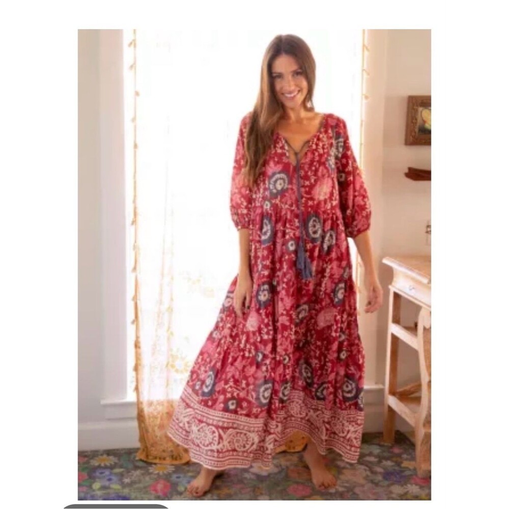 Natural Life Auguste Red Floral Maxi Dress Boho Oversized Sz XS
